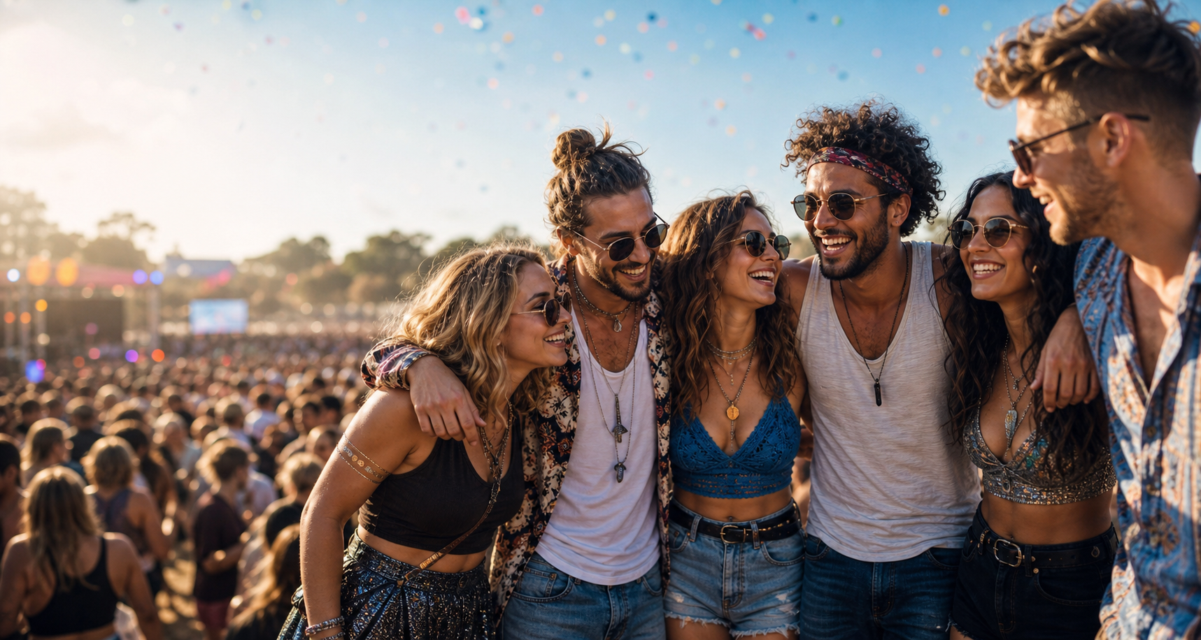 A group of festival friends holding each other at a sunny festival